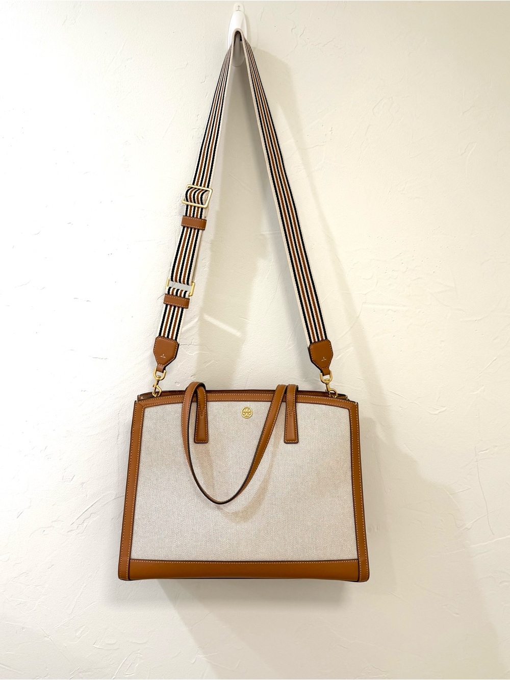 Tory Burch Full Sized Walker Canvas Satchel. Leather Trim & Extra Strap - Picture 2 of 15